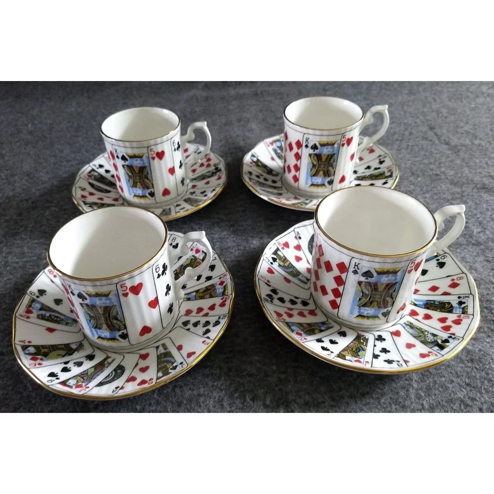 Elizabethan Playing Cards‎ Demitasse Cup & Saucer Set/4 Cut for Coffee England